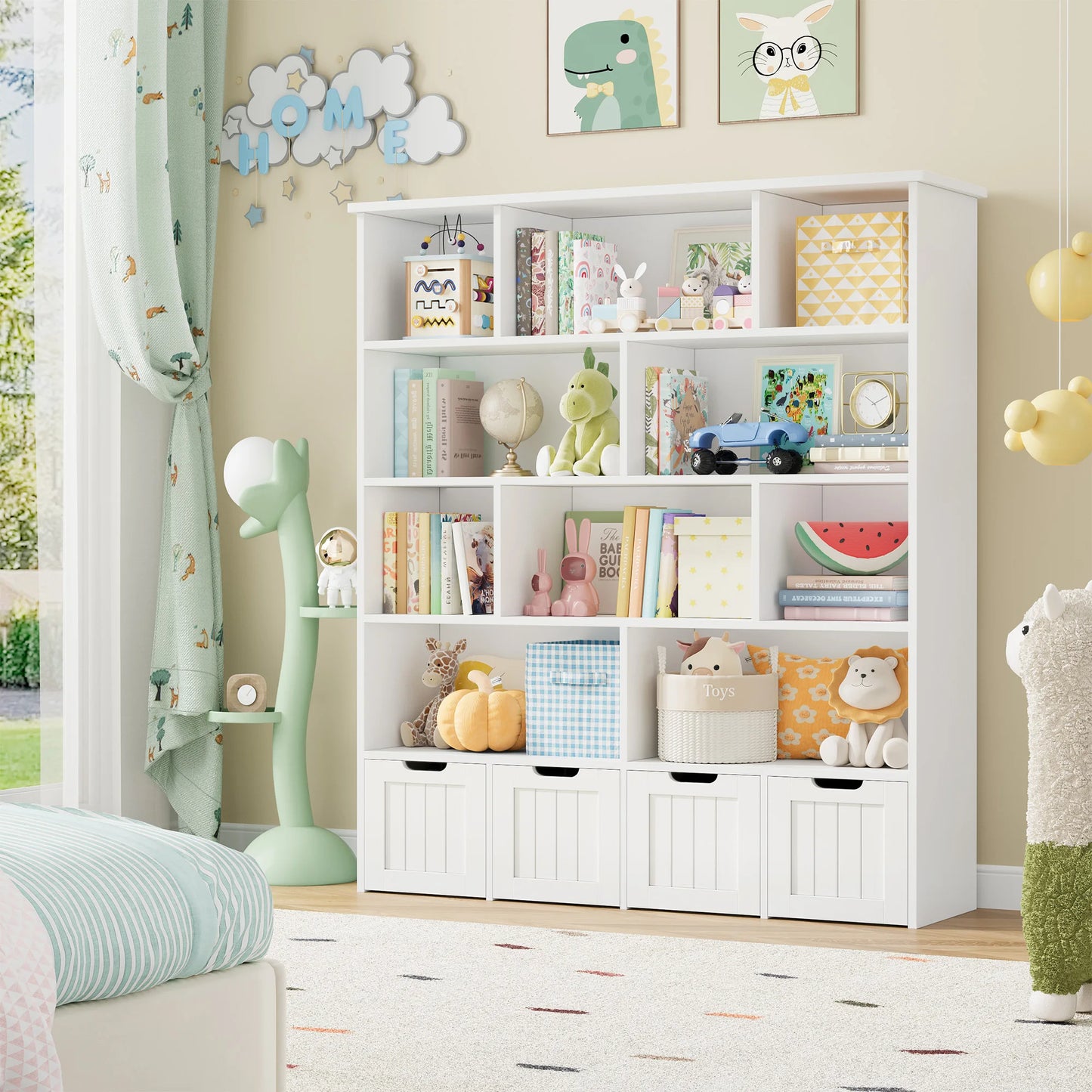 Getone Kids Toy Storage Unit Childrens Bookcase with 4 roller drawers 11 shelves Toy Organiser Kids Bookshelf for Nursery Playroom 125.5x33x146 cm White/ Pink