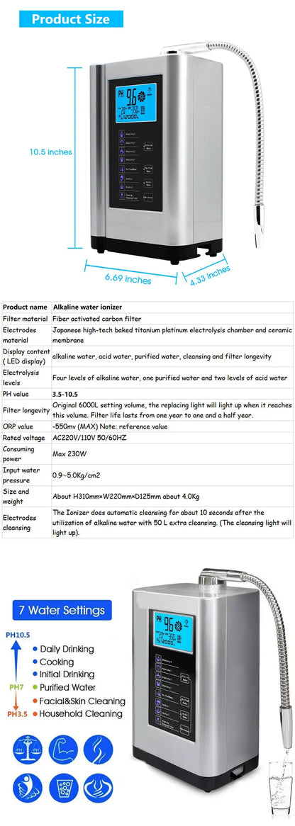 5 Plates Kangen Water Ionizer PH 3.5-10.5 Alkaline water Generator Hydrogen Reduced water ionizer With Built-in Carbon Filter