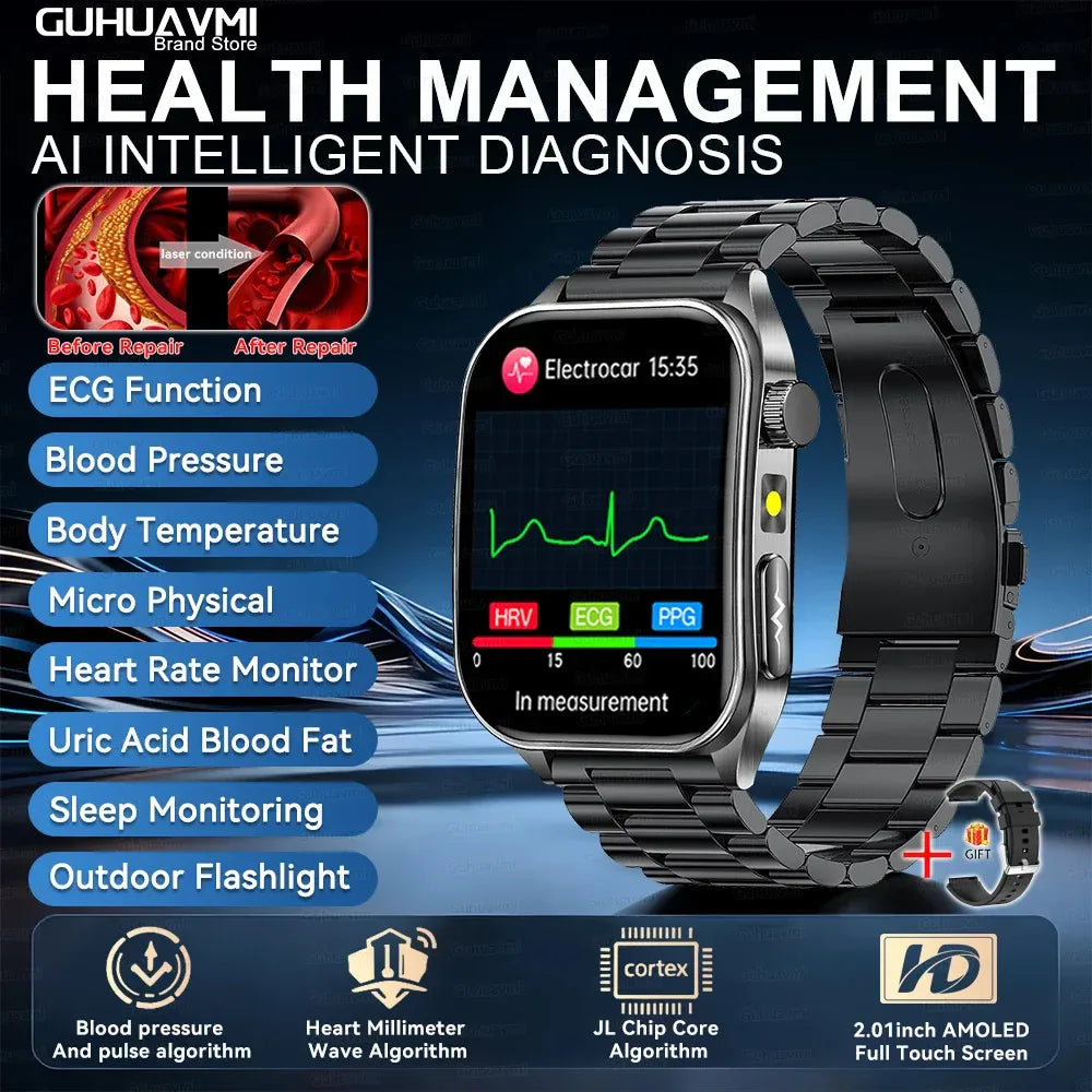 New 650nm Dual probe laser Health Smart Watch ECG+PPG Blood pressure Uric Acid Blood lipids AMOLED Physical therapy Smartwatches