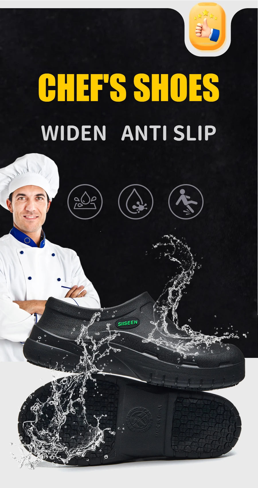 Men's Chef Shoes Waterproof Slip-On Lightweight Soft Anti-Slip Kitchen Hotel Work Shoes Easy to Wear Comfortable Food Service Fo
