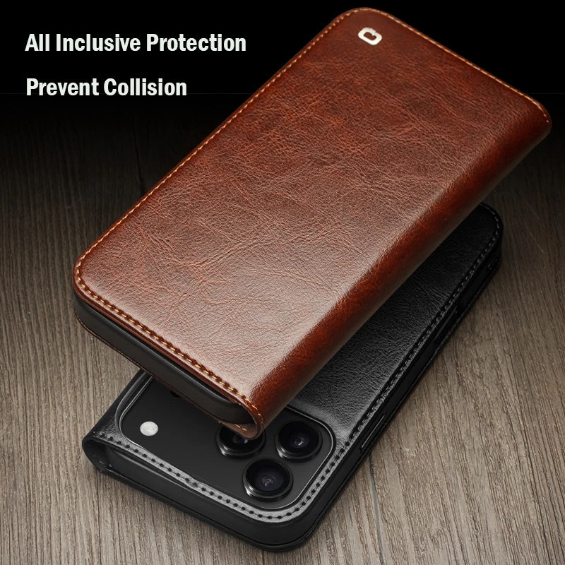 QIALINO Genuine Leather Flip Case for iPhone 17 Bracket Handmade Business Cover with Card Slots for iPhone 17 Pro Max/17 Air