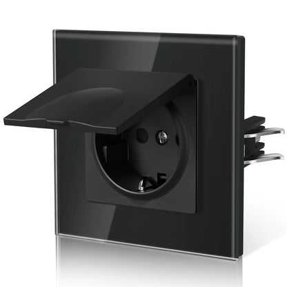 BSEED EU Standard Wall Electric Socket With Cover 16A Bathroom Power Sockets Outdoor Outlet Waterproof Glass Panels E Series