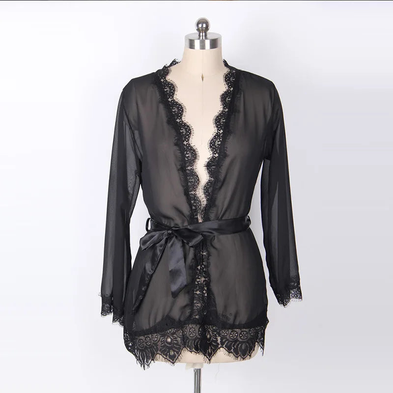 Women's Sheer Lace Kimono Robe, Long Sleeve V-Neck Belted Soft Bridal Wedding Lingerie Nightwear Multi-color