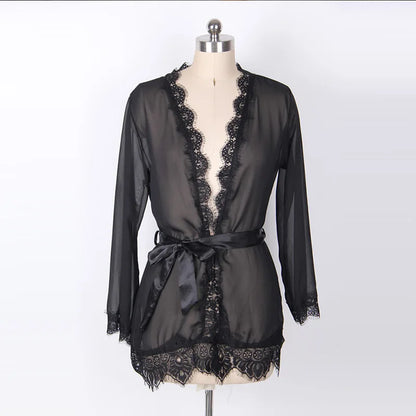 Women's Sheer Lace Kimono Robe, Long Sleeve V-Neck Belted Soft Bridal Wedding Lingerie Nightwear Multi-color