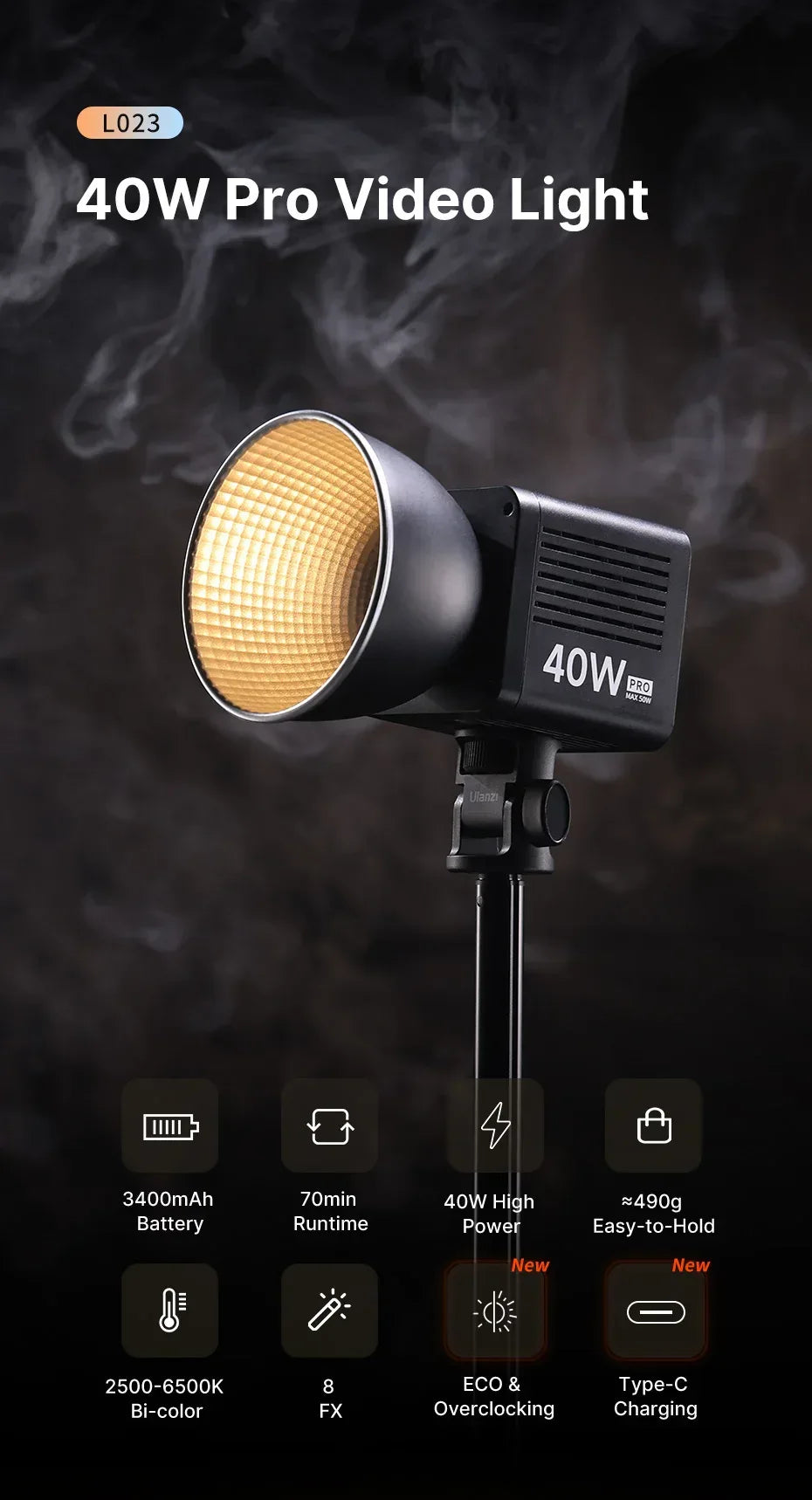 Ulanzi L023 40W Pro Portable LED Video Light Bi-Color COB Photographic Studio Light 2500K-6500K 3400mAh for Video Live-streaming