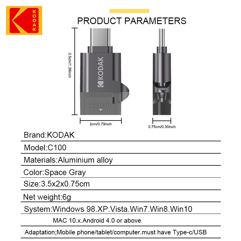 Kodak Type-C Micro SD Card Reader TF Memory Card High-speed Transmission Adapter
