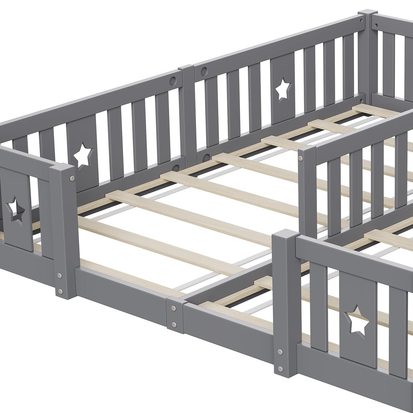 Rosahqnda Children's Bed Floor Bed 90x200cm with Railing Gate,Pine Wooden Bed for Families with 2 Children,Children's Twin Bed