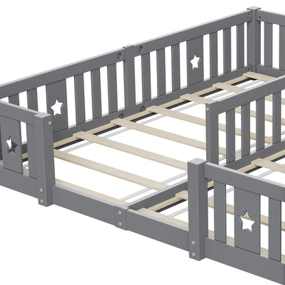 Rosahqnda Children's Bed Floor Bed 90x200cm with Railing Gate,Pine Wooden Bed for Families with 2 Children,Children's Twin Bed