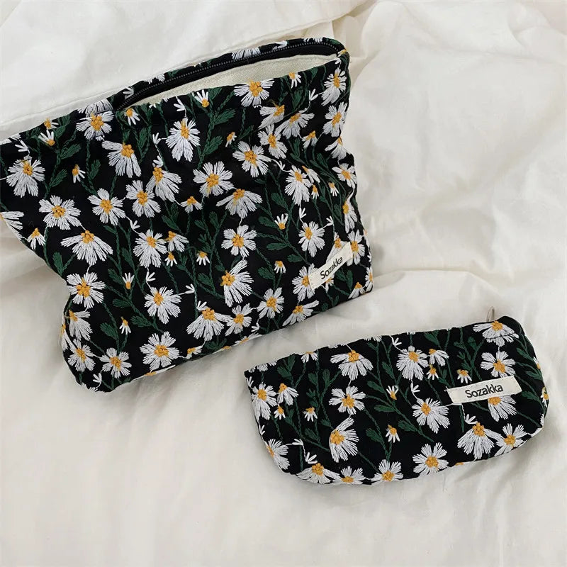 Cosmetic Bag Women Floral Makeup Case Organizer Korean Embroidery Cosmetic Pouch Travel Toiletry Bag Corduroy Canvas Beauty Case