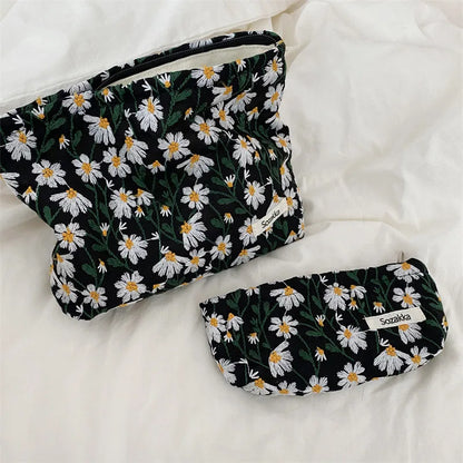 Cosmetic Bag Women Floral Makeup Case Organizer Korean Embroidery Cosmetic Pouch Travel Toiletry Bag Corduroy Canvas Beauty Case
