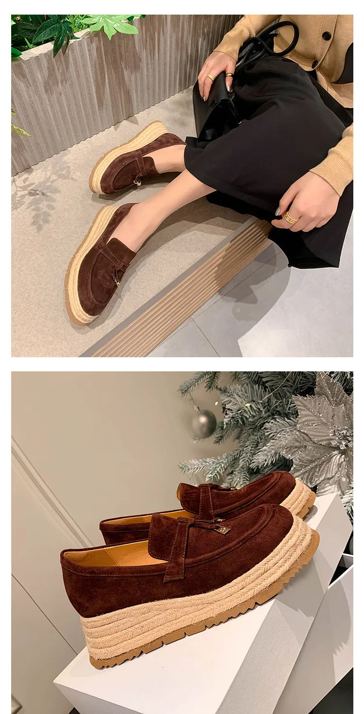 MKKHOU Fashion Loafers New High Quality Real Leather Suede Vintage Straw Braid Platform Shoes Daily Casual Light Shoes Neutral