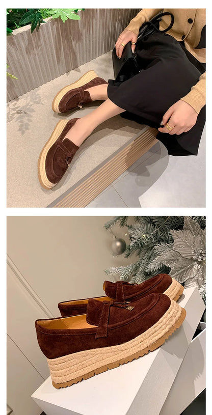 MKKHOU Fashion Loafers New High Quality Real Leather Suede Vintage Straw Braid Platform Shoes Daily Casual Light Shoes Neutral