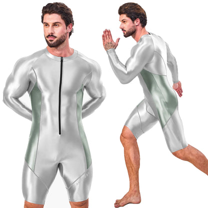 AMORESY Atticus Series Men Glossy Smooth Patchwork High Stretch Long Sleeve Knee Length Tracksuit Jumpsuit Bodysuit Fitness Gym