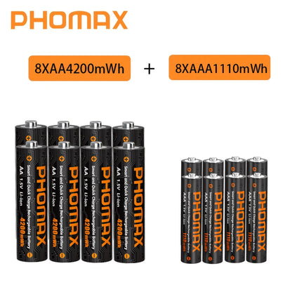 PHOMAX New Fast Charger&Rechargeable Battery,1.5V AA 4200mWh & AAA 1110mWh Lithium Battery  For  Remote Control Mouse SmartDoor