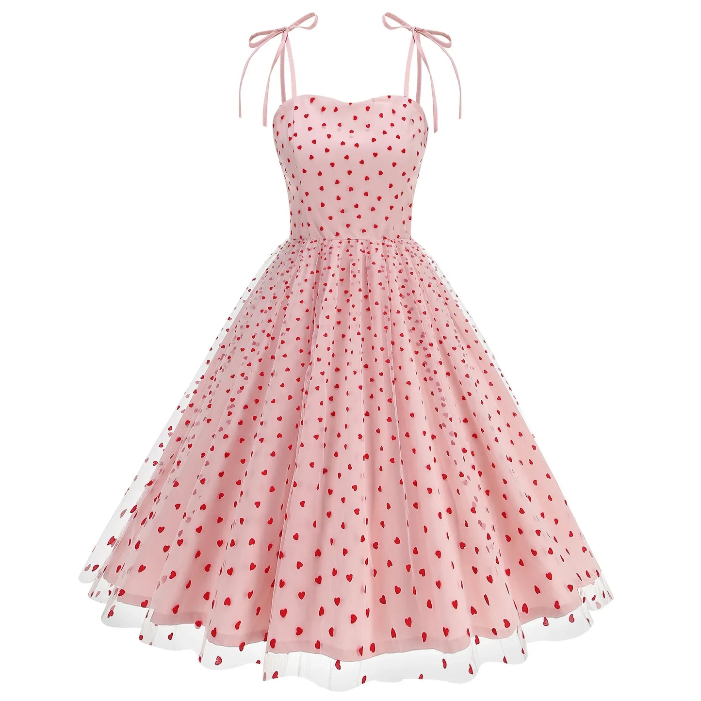 Knot Strap Strawberry Patchwork Vintage Dress 2025 Heart Flocking Valentine's Day Dress Women Birthday Party Pleated Mesh Dress