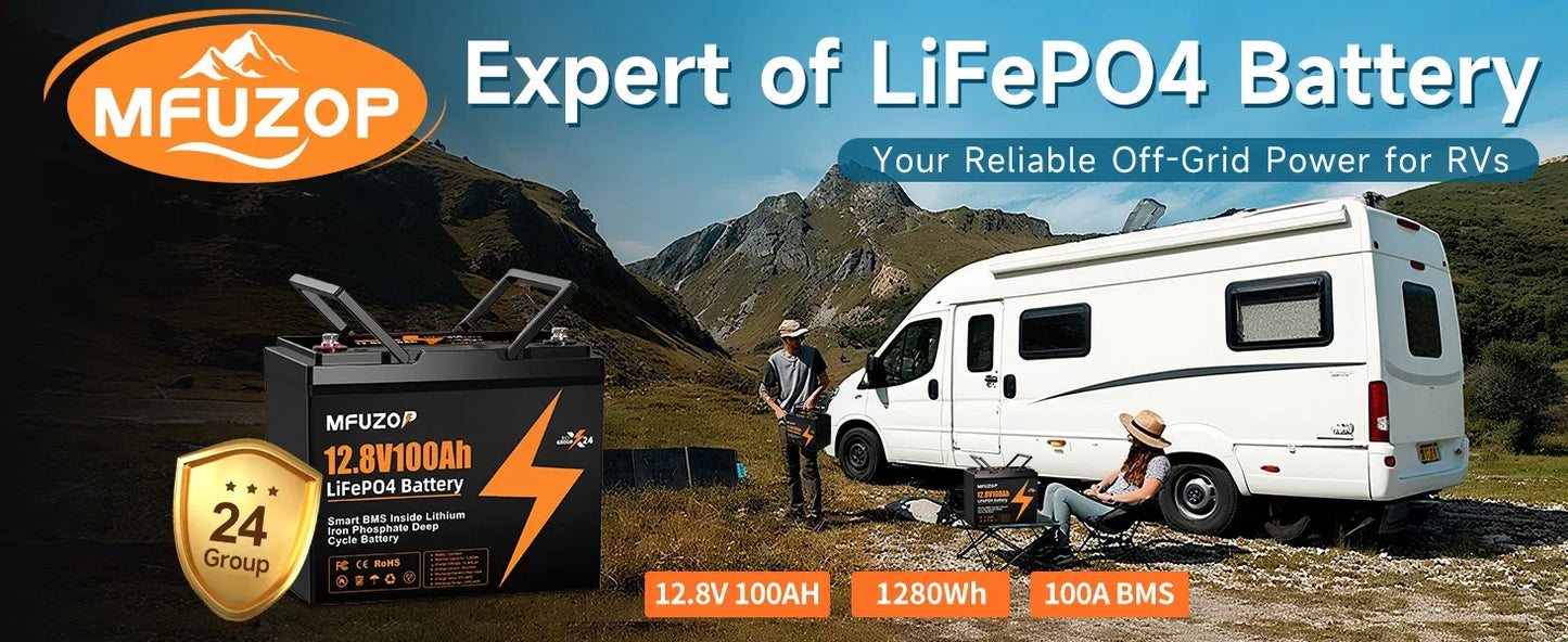 MFUZOP 12V100ah Portable Rechargeable LiFePO4 Battery Built in Smart BMS Deep Cycle 10000+ for RV Solar No VAT