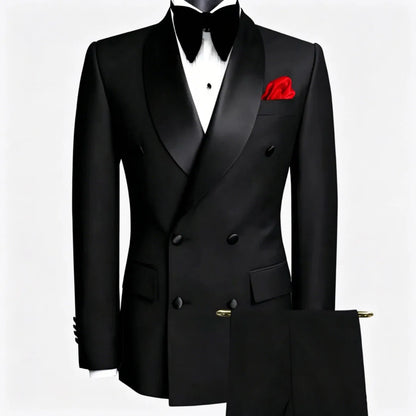 Men Suit Black 2 Pieces Double Button With Black Lapel For Wedding Groom Business Birthday Banquet Work Suit Jacket And Pants