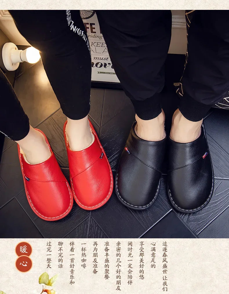 Cotton slippers for men and women at home anti slip and warm indoor Home leather cowhide slippers in winter 2023