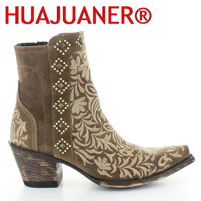 Autumn Winter Ladies Boots Casual Embroidery Zipper Ankle Boots Rivet Western Pointed Toe Low-heel Warm Boots For Ladies Shoes