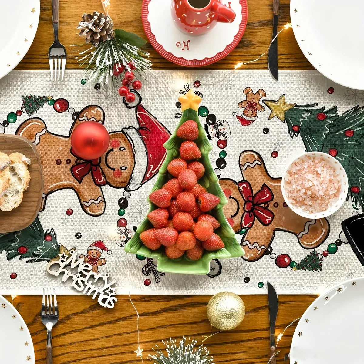 Christmas Snowman Table Runner Polyester With Festive Snowman Gingerbread Man Christmas Tree And Ornament Patterns Table Decor