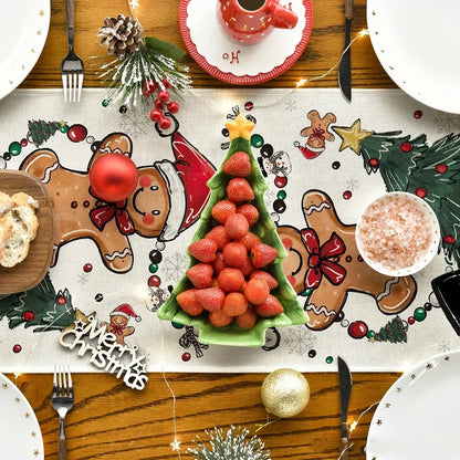 Christmas Snowman Table Runner Polyester With Festive Snowman Gingerbread Man Christmas Tree And Ornament Patterns Table Decor