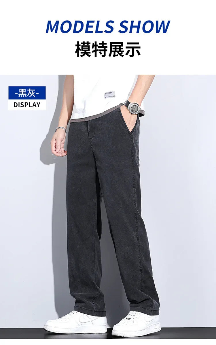 2024 Summer Jeans for Men Thin Soft Lyocell Fabric Loose Straight Wide Leg Pants Elastic Waist Casual Trousers Plus Size M-5XL