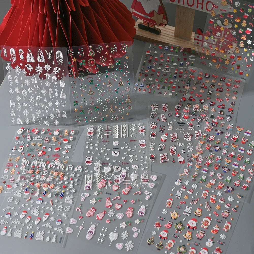 1pc Christmas Nail Art Stickers 5D Winter Holiday Themed Nail Decor Santa/Snowflakes/Christmas Trees/Gingerbread Nail Supplies *