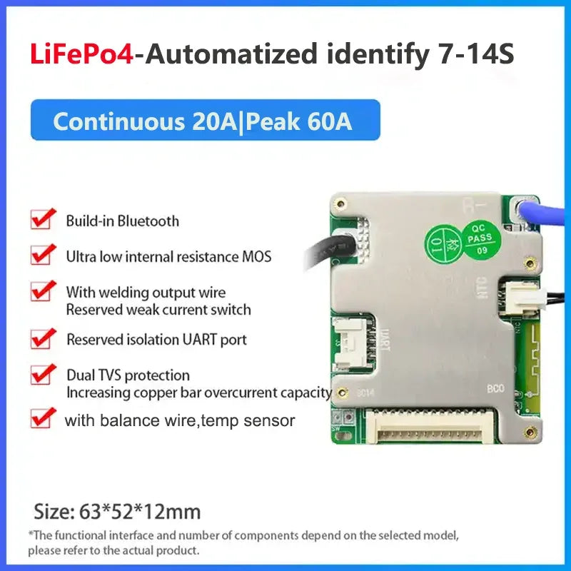JBD BMS Auto-Identify 7S 8S 10S 12S 13S 14S 20A 30A 40A 50A LiFePo4 Smart BMS 24V 36V 48V Battery Management System for E-Bike