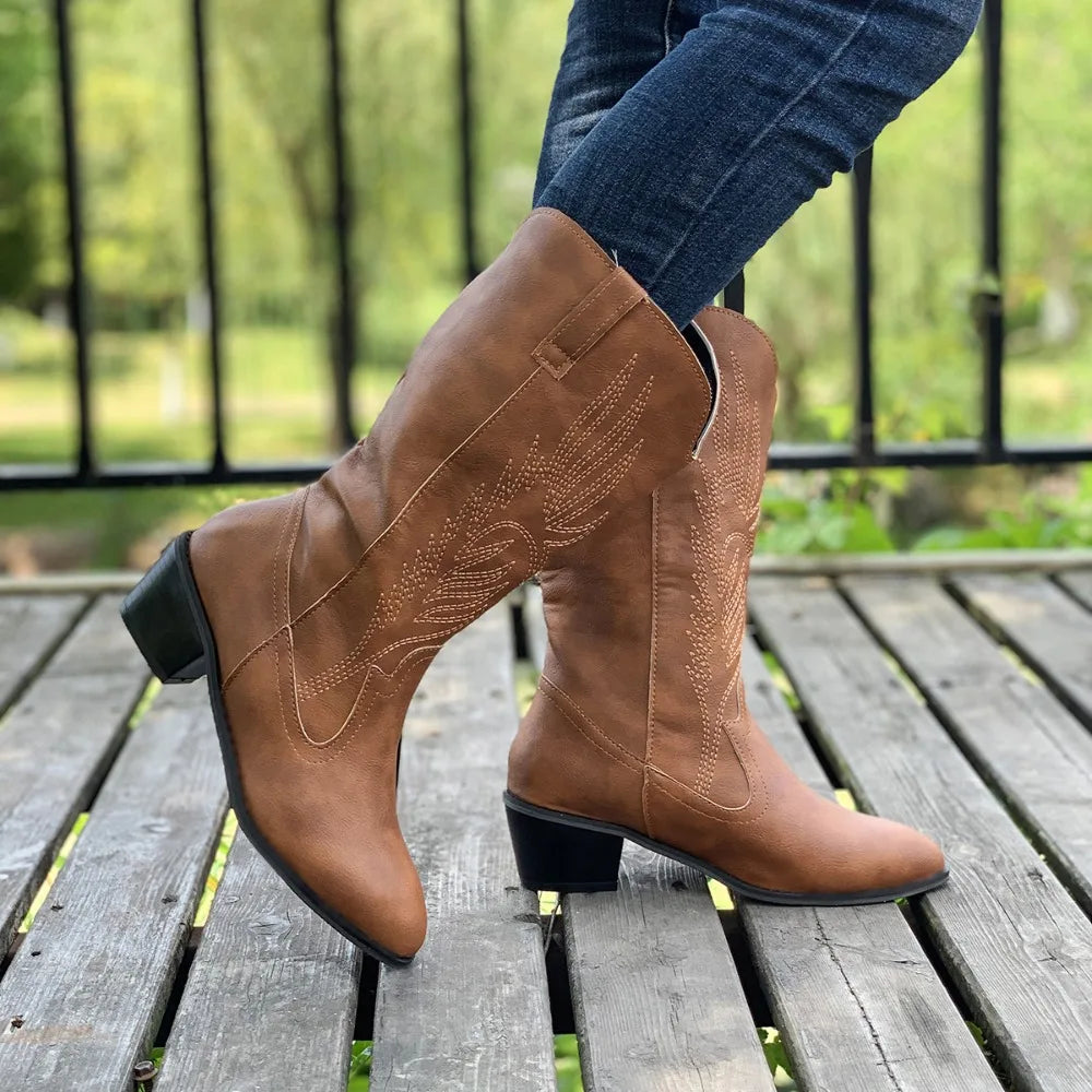 2024 Classic Embroidered Western Cowboy Boots for Women Leather Cowgirl Boots Low Heels Shoes Knee High Woman Boots Size36-43