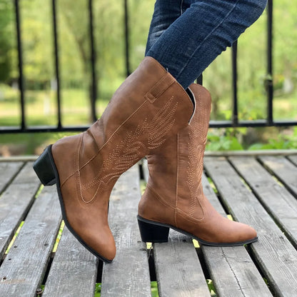 2024 Classic Embroidered Western Cowboy Boots for Women Leather Cowgirl Boots Low Heels Shoes Knee High Woman Boots Size36-43