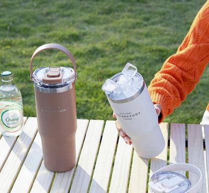JUSTINLAU 600/900ml Insulated Cups Stainless Steel Double-drinking Thermos Cup with Handle& Straw Sports Bottle Car Ice Tumbler