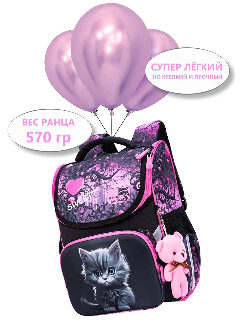Orthopedic School Backpack For Girls Cartoon Cat Primary School Grade 1 Students Bags Kids Satchels Female Bookbag 7-9 Years