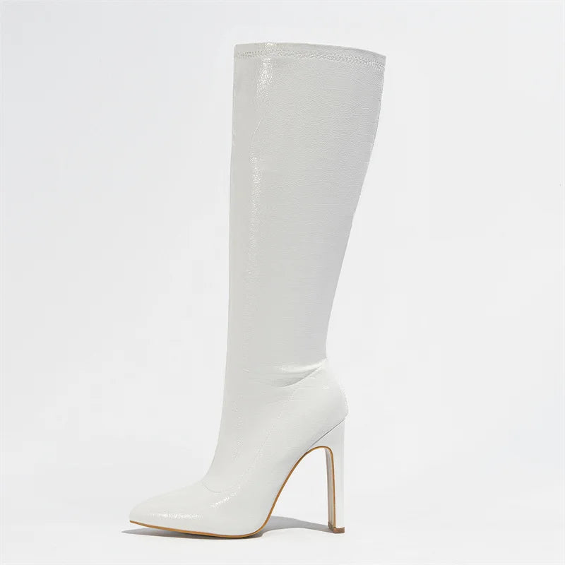 Hlieny Autumn Winter Fashion Women Knee High Motorcycle Boots Sexy Pointed Toe Square Heels Long Zipper Female Botas Shoes