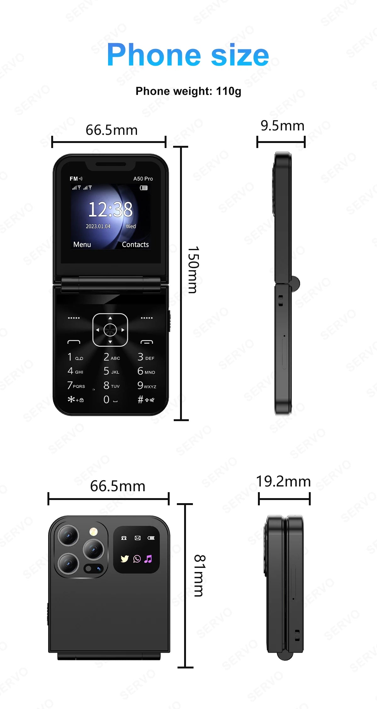 SERVO A50 PRO Flip Mobile Phone 2.4" Display Speed Dial Call Recording Blacklist 2 SIM Unlocked Foldable Cellphones New Version