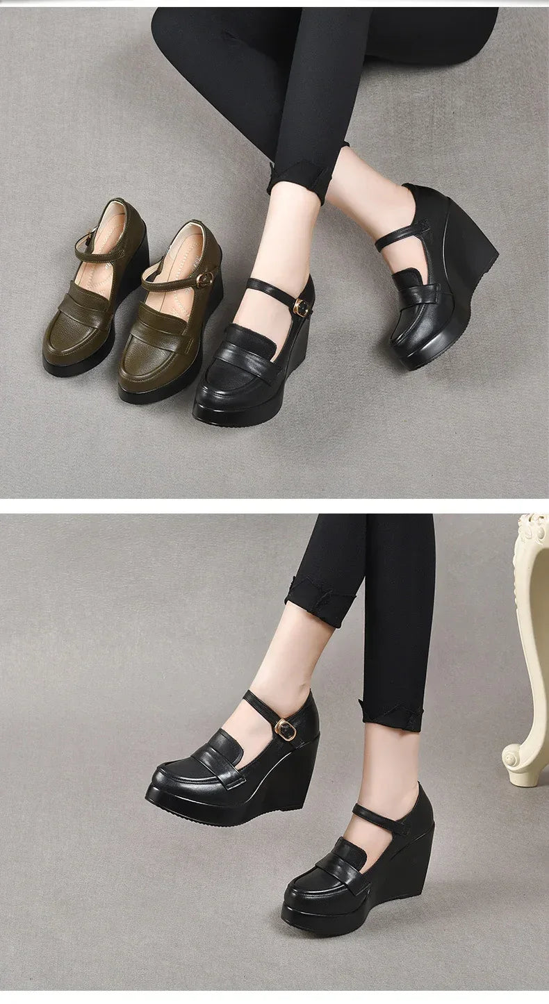 GKTINOO 2025 Wedges Women Shoe Spring Autumn Slip-On High Heels Round Toe Genuine Leather Casual Ladies Platform Shoes Woman