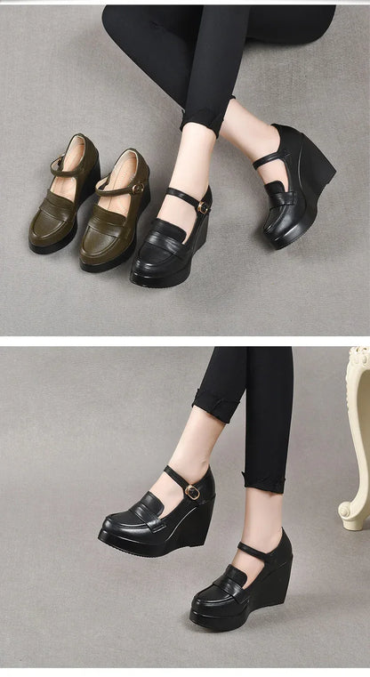 GKTINOO 2025 Wedges Women Shoe Spring Autumn Slip-On High Heels Round Toe Genuine Leather Casual Ladies Platform Shoes Woman