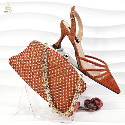 QSGFC African Women's Fashion Crystal Square Button Pointed High Heels Water Diamond Shiny Wine Color Sandal Bag Set