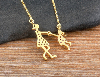 Nidin Exquisite Gold Plated Mom Daughter Necklace Girl Boy Pendant Chain Choker Cubic Zirconia Jewelry Mother's Day Gift