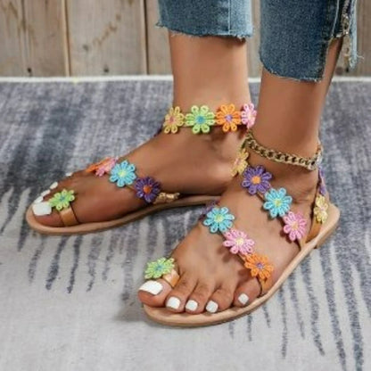 Summer New Women Sandals Flower Flat Sandals Bohemian Lightweight Sandals Outdoor Open Toe Sandal Plus Size Holiday Beach Shoes