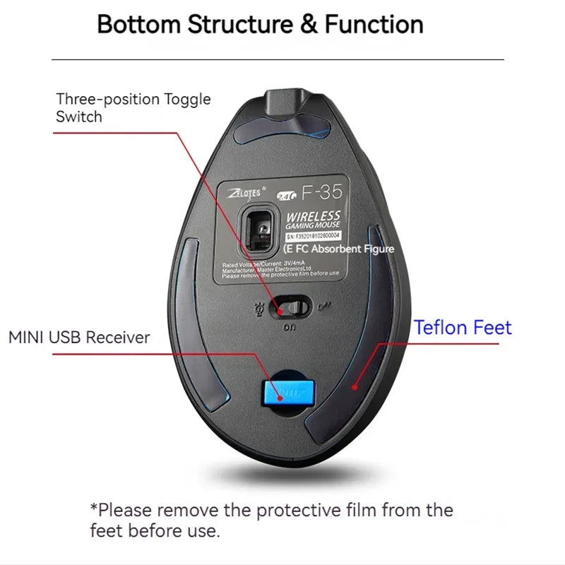 Zelotes F-35 Wireless Gaming Mouse Vertical Rechargeable 6 Key Mice 2.4G 3 Level DPI Adjustable Office/Gaming Computer Mouse