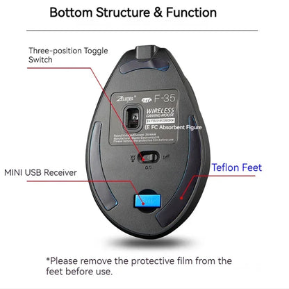 Zelotes F-35 Wireless Gaming Mouse Vertical Rechargeable 6 Key Mice 2.4G 3 Level DPI Adjustable Office/Gaming Computer Mouse