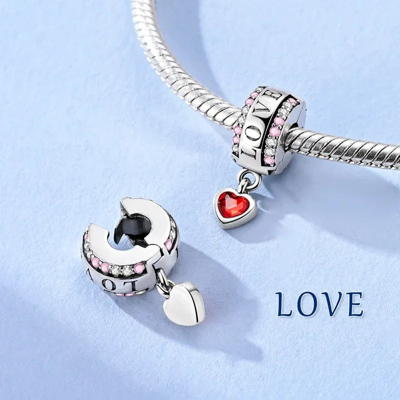 925 Silver Valentine's Day Charms Bead Sparkling Sweet Heart Rose Bear Charm Fit Original Bracelet Bangle Woman DIY Jewelry Gift