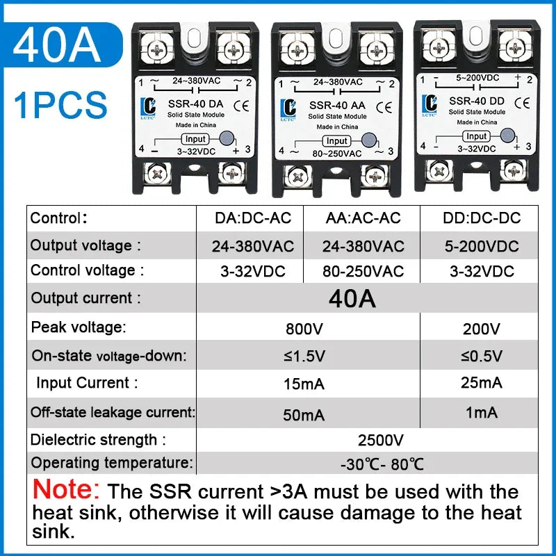LCTC 1PCS SSR Solid State Relay DC To AC AC To AC DC To DC 10A 25A 40A 50A 60A 80A 100A Non-contact Relay 3-32VDC