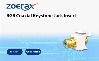 ZoeRax 10-Pack Coaxial Keystone Jack Insert, Gold-Plated RG6 Keystone Jack Insert F-Type Keystone Connectors