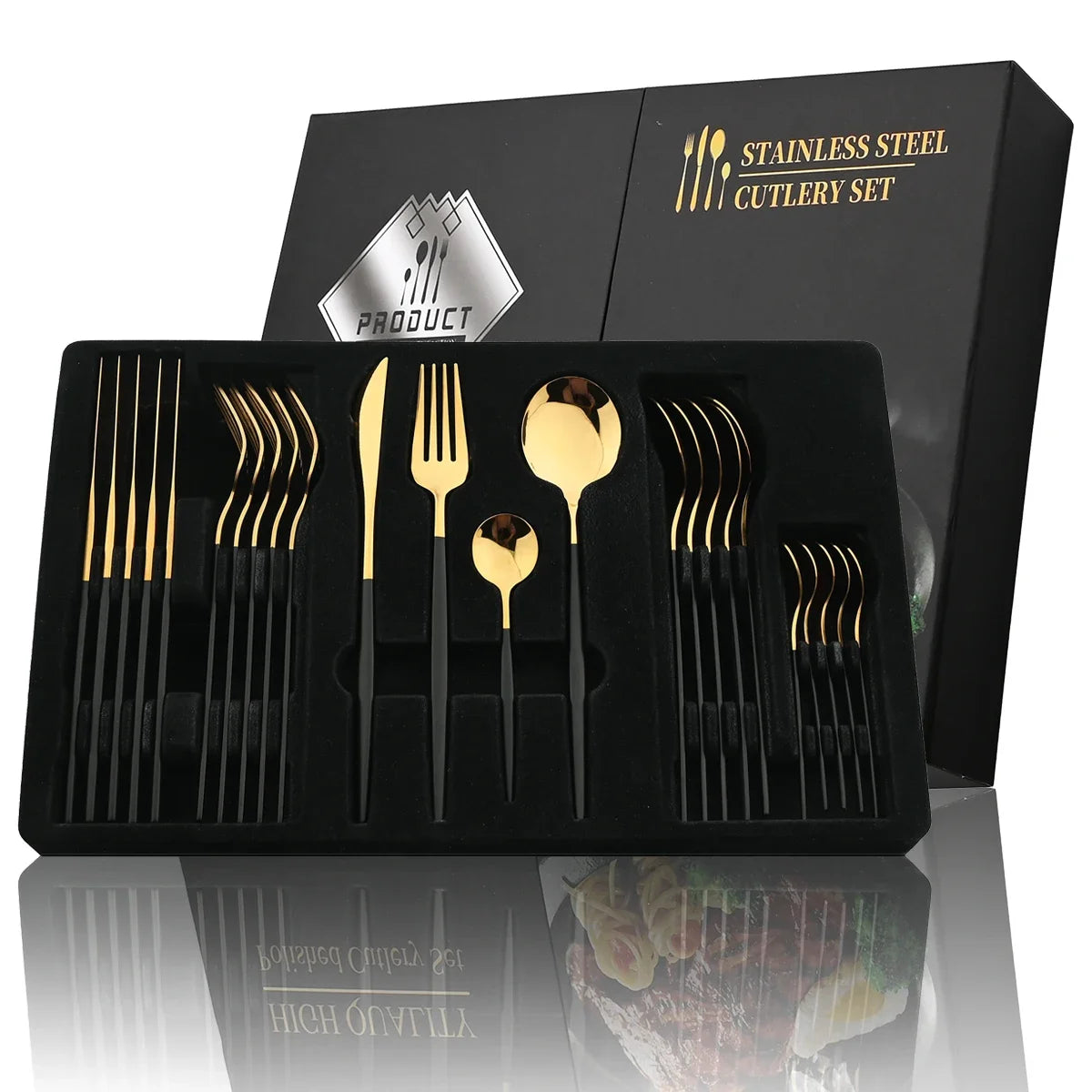 24Pcs Stainless Steel Cutlery Set Black Handle Golden Dinnerware Knife Fork Spoon Kitchen Tableware Gift Set