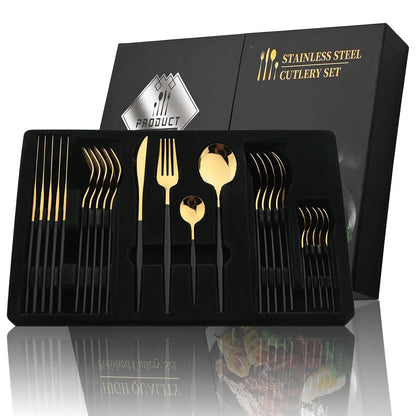 24Pcs Stainless Steel Cutlery Set Black Handle Golden Dinnerware Knife Fork Spoon Kitchen Tableware Gift Set