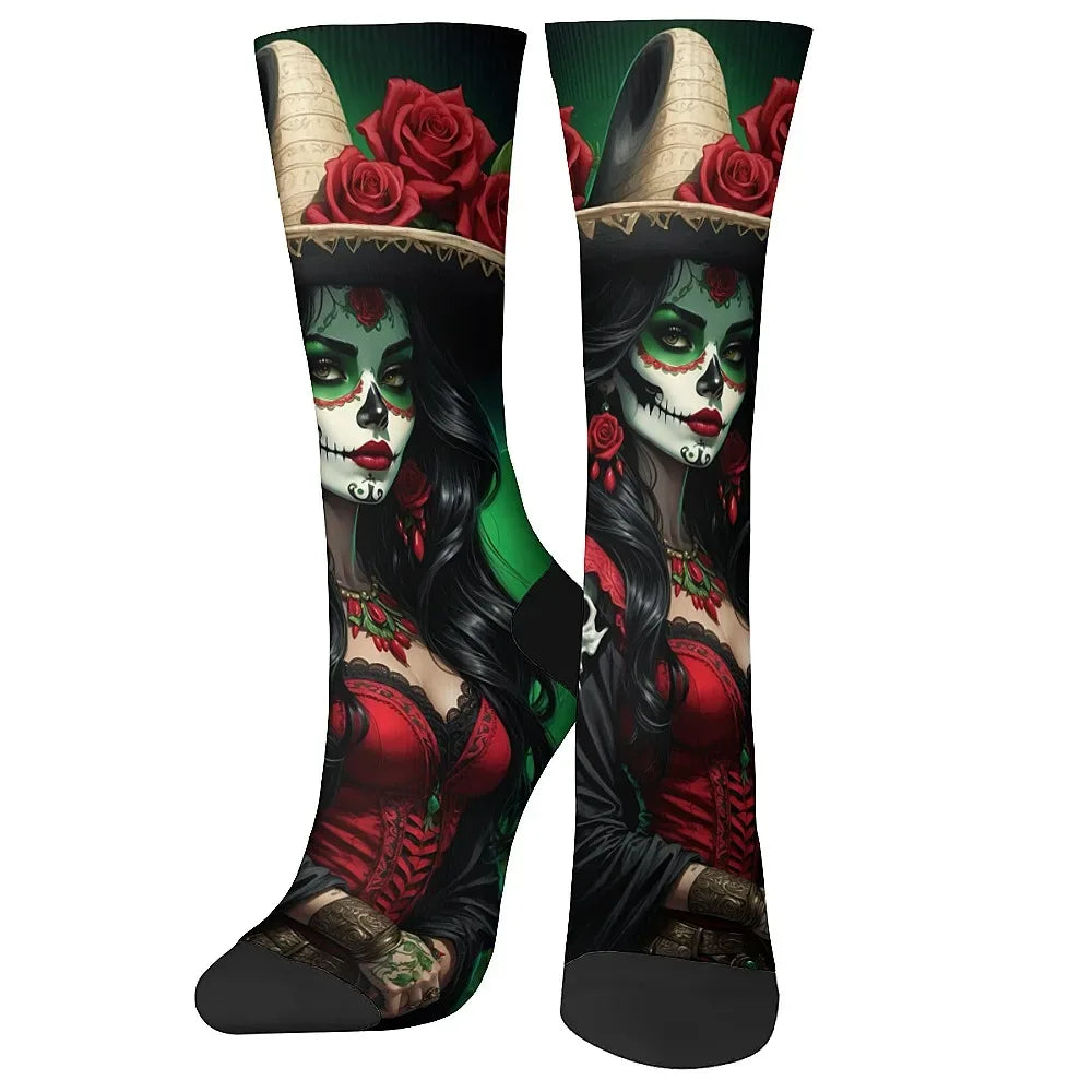 Mens Art Day of the Dead Themed Socks Mexican Grim Reaper Vintage Floral Design Soft Breathable Crew Socks Novelty Holiday Gift
