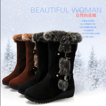Women Shoes Winter Women Boots Casual Warm Fur Mid-calf Boots Slip on Round Toe Wedges Snow Boots Plus Size 35-42