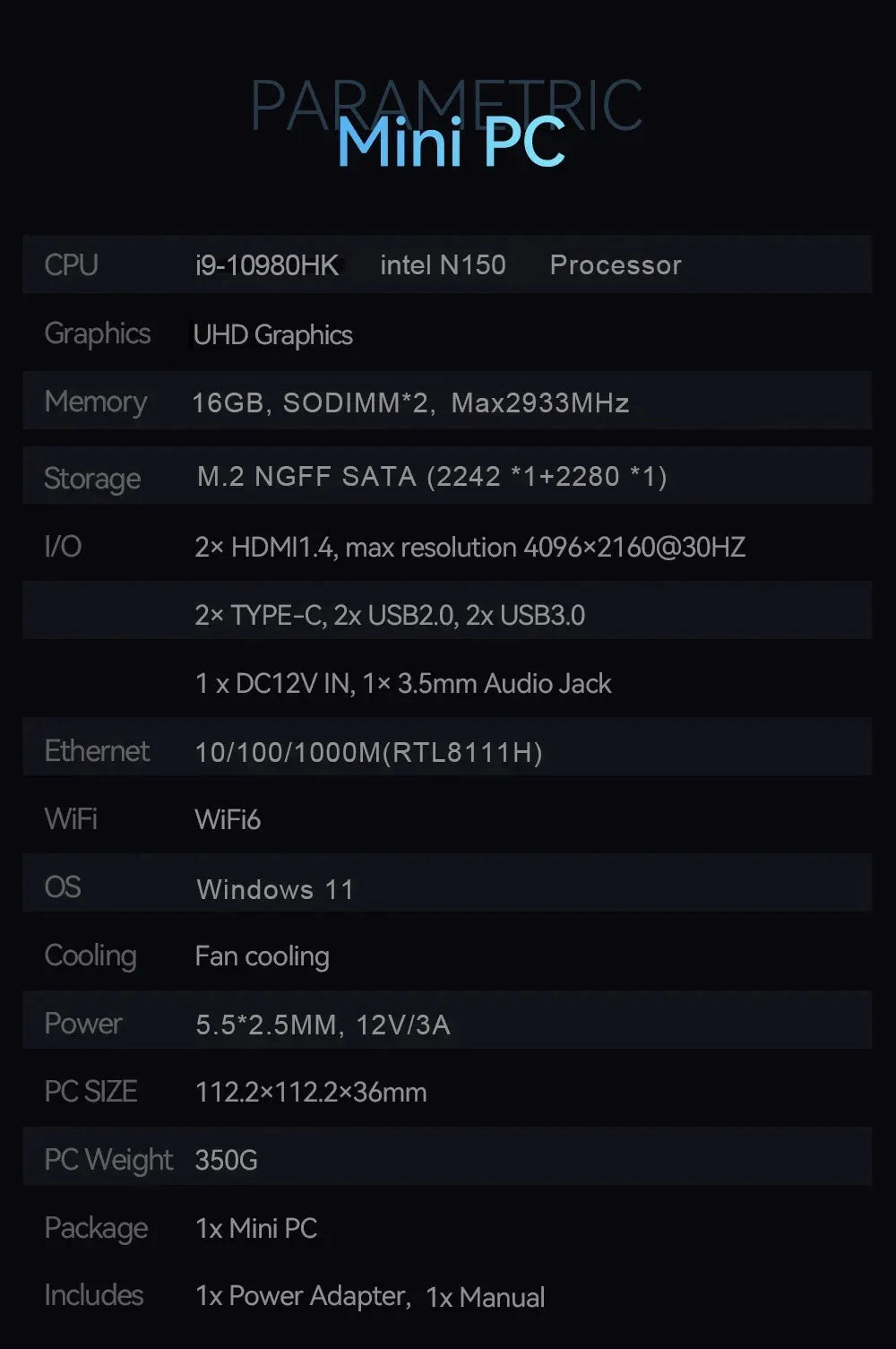 Mini PC Windows 11 Pro Intel Core i9 10980HK/N150 16GB 32GB RAM 1TB 2TB SSD PC Computer Dual WIFI6 BT5.2  Mini Gaming Pc Desktop