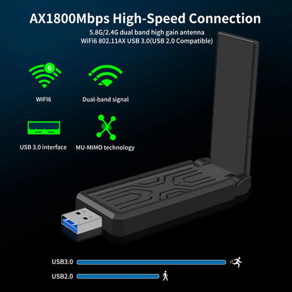 Wifi 6 USB Dual Band Wireless Network Card 1800Mbps 2.4GHZ with Antenna USB3.0 Wireless Adapter for Laptop Desktop Computer